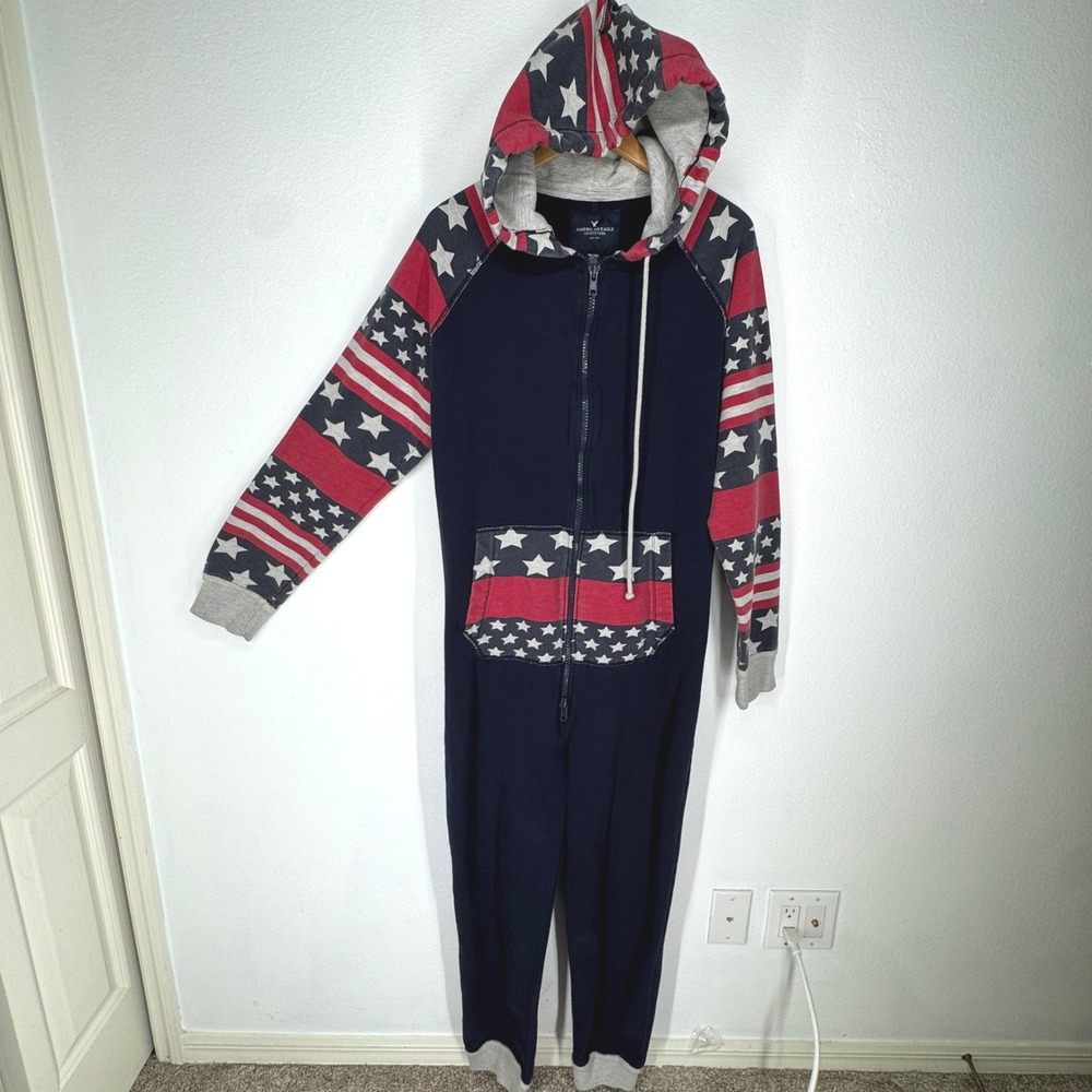 American Eagle Mens Stars Stripes‎ Patriotic Hoodie USA Fleece Jumpsuit S M Flag